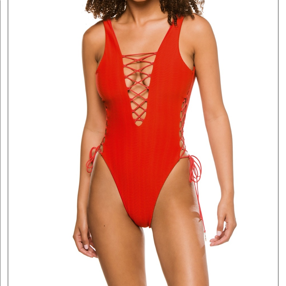 Lava Red plunge wide strap one piece bathing suit